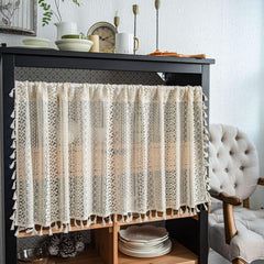 Boho Curtain Crochet Lace with Bohemian Hollow Knitted Handmade Tassels, Short Farmhouse Window Treatment for Kitchen Cafe, R