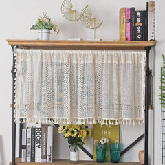 Boho Curtain Crochet Lace with Bohemian Hollow Knitted Handmade Tassels, Short Farmhouse Window Treatment for Kitchen Cafe, R