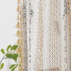Boho Curtain Crochet Lace with Bohemian Hollow Knitted Handmade Tassels, Short Farmhouse Window Treatment for Kitchen Cafe, R
