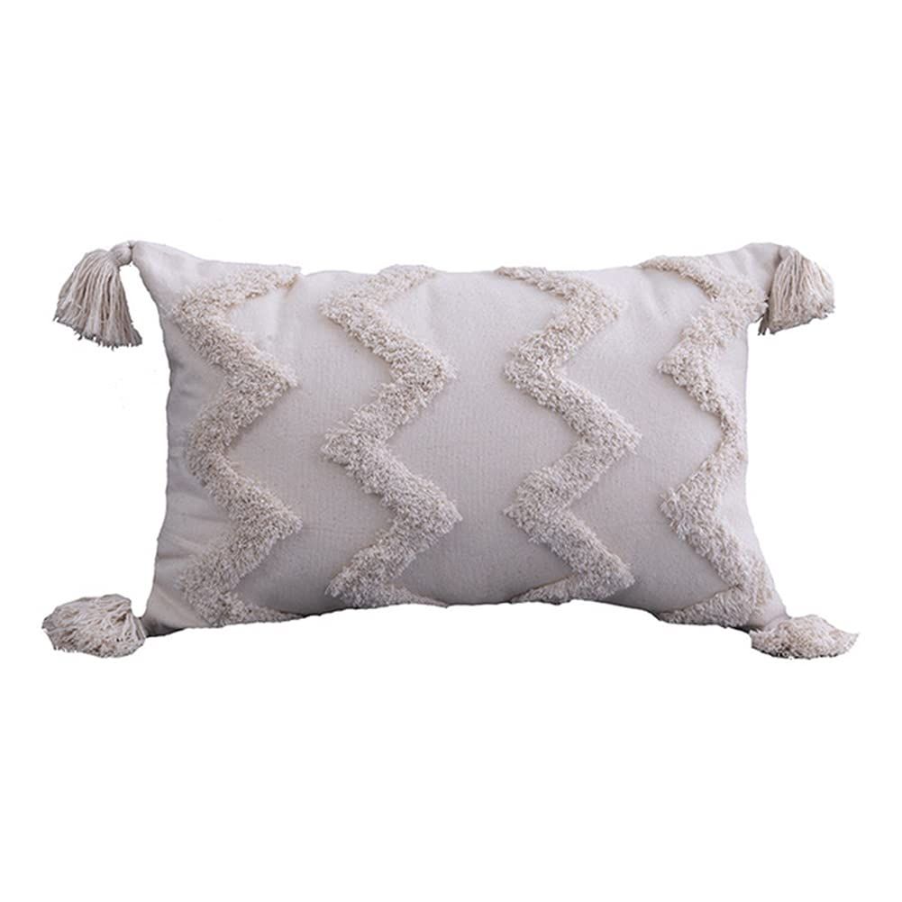 Boho Woven Tufted Pillowcase,Tassels Zigzag Lines Tribal Pattern Lumbar Pillow Case Cushion Cover for Couch Bed Car, 30*50cm,