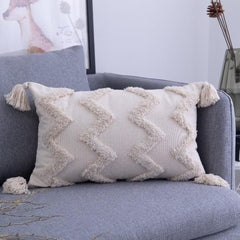 Boho Woven Tufted Pillowcase,Tassels Zigzag Lines Tribal Pattern Lumbar Pillow Case Cushion Cover for Couch Bed Car, 30*50cm,