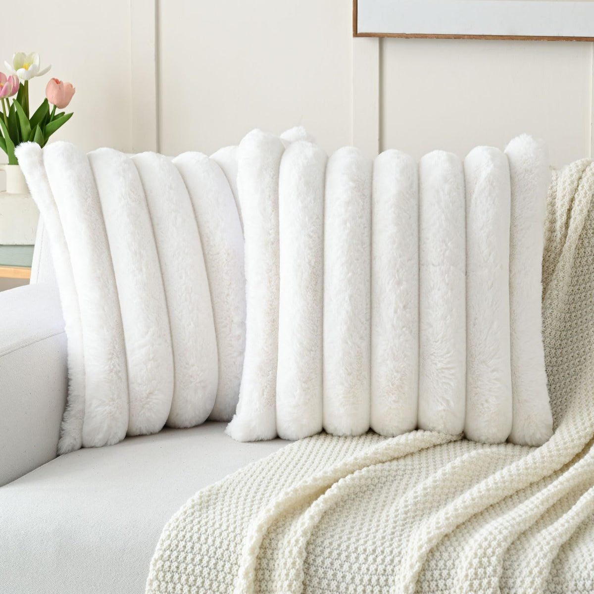 Cream White Decorative Throw Pillow Covers 18x18 Inch Set of 2, Square Soft Faux Rabbit Fur Thick Striped Cushion Cover,Winte