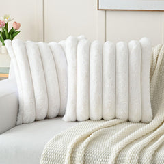 Cream White Decorative Throw Pillow Covers 18x18 Inch Set of 2, Square Soft Faux Rabbit Fur Thick Striped Cushion Cover,Winte