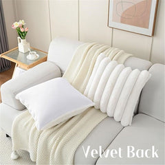 Cream White Decorative Throw Pillow Covers 18x18 Inch Set of 2, Square Soft Faux Rabbit Fur Thick Striped Cushion Cover,Winte