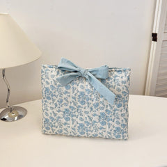 Quilted Bow Book Cover Protective Cover Washable Female Gift Girl Book Lover Gift (Blue Flower 32*27cm)