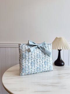 Quilted Bow Book Cover Protective Cover Washable Female Gift Girl Book Lover Gift (Blue Flower 32*27cm)
