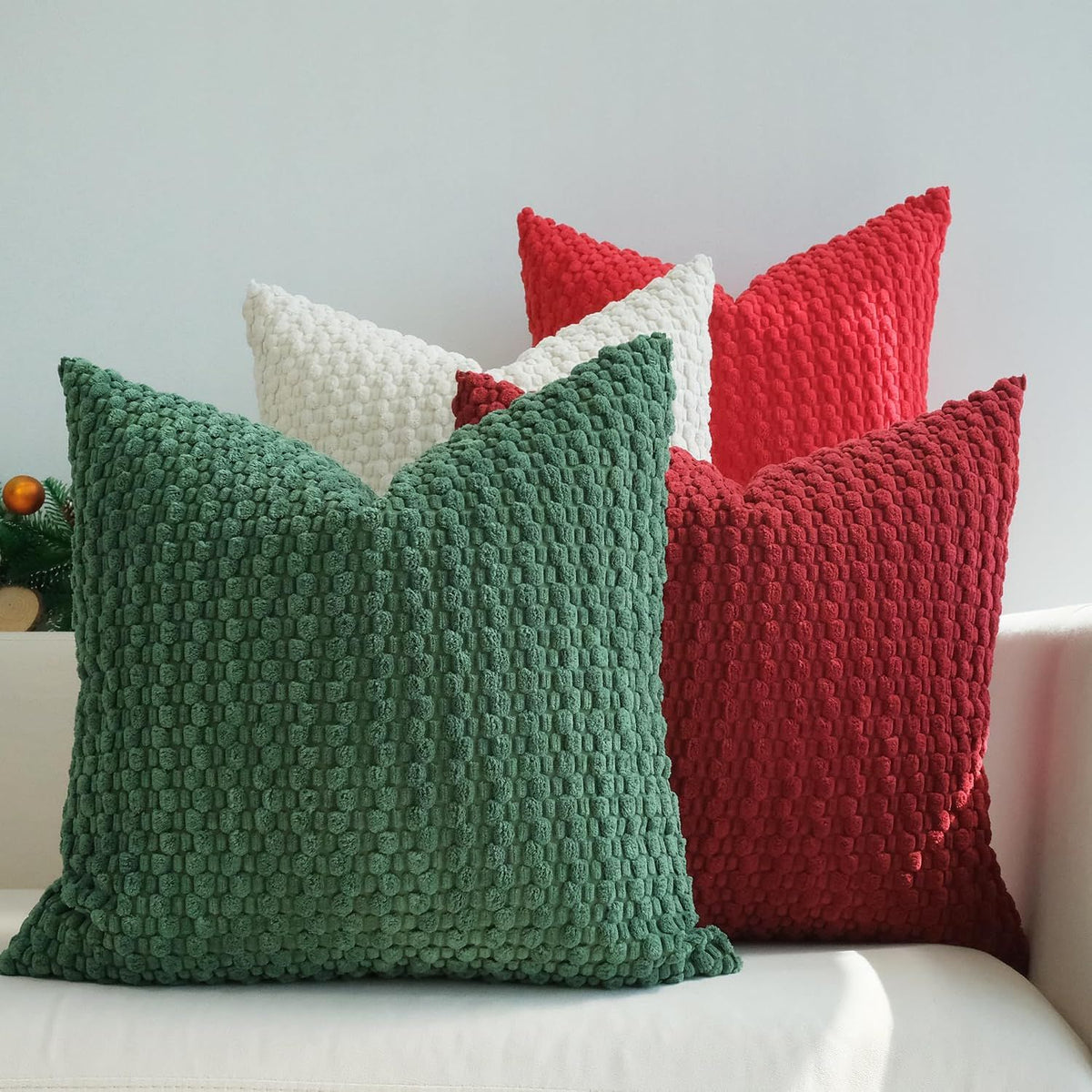 Pack of 4 Christmas Decorative Throw Pillow Covers Farmhouse Boho Home Decor Striped Corduroy Square Pillowcases 18 x 18 Inch