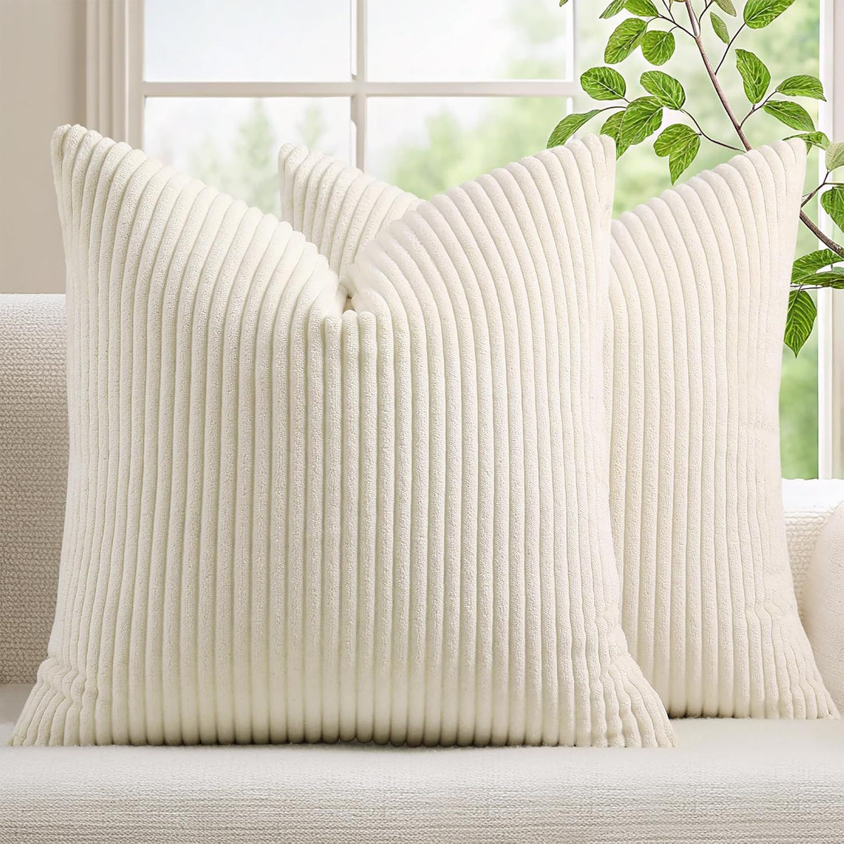 Corduroy Decorative Christmas Throw Pillow Covers 18x18 Set of 2 for Sofa Living Room, Soft Neutral Boho Couch Pillow Covers 