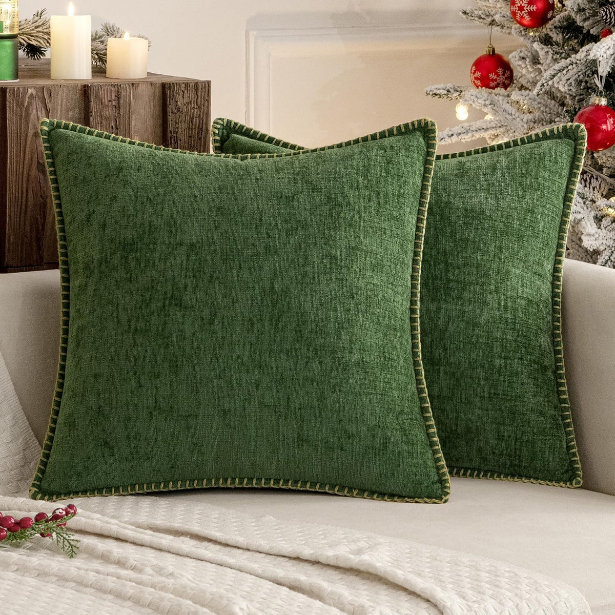 Pack of 2 Christmas Couch Pillow Covers 18x18 Inch Moss Green Farmhouse Decorative Throw Pillow Covers with Stitched Edge Sof