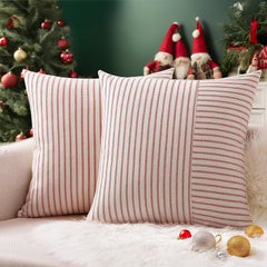 Christmas Pillow Covers 18x18, Boho Throw Pillow Covers Set of 2, Red and Cream Striped Linen Decorative Pillows Cushion Cove