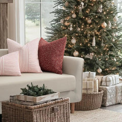 Christmas Pillow Covers 18x18, Boho Throw Pillow Covers Set of 2, Red and Cream Striped Linen Decorative Pillows Cushion Cove
