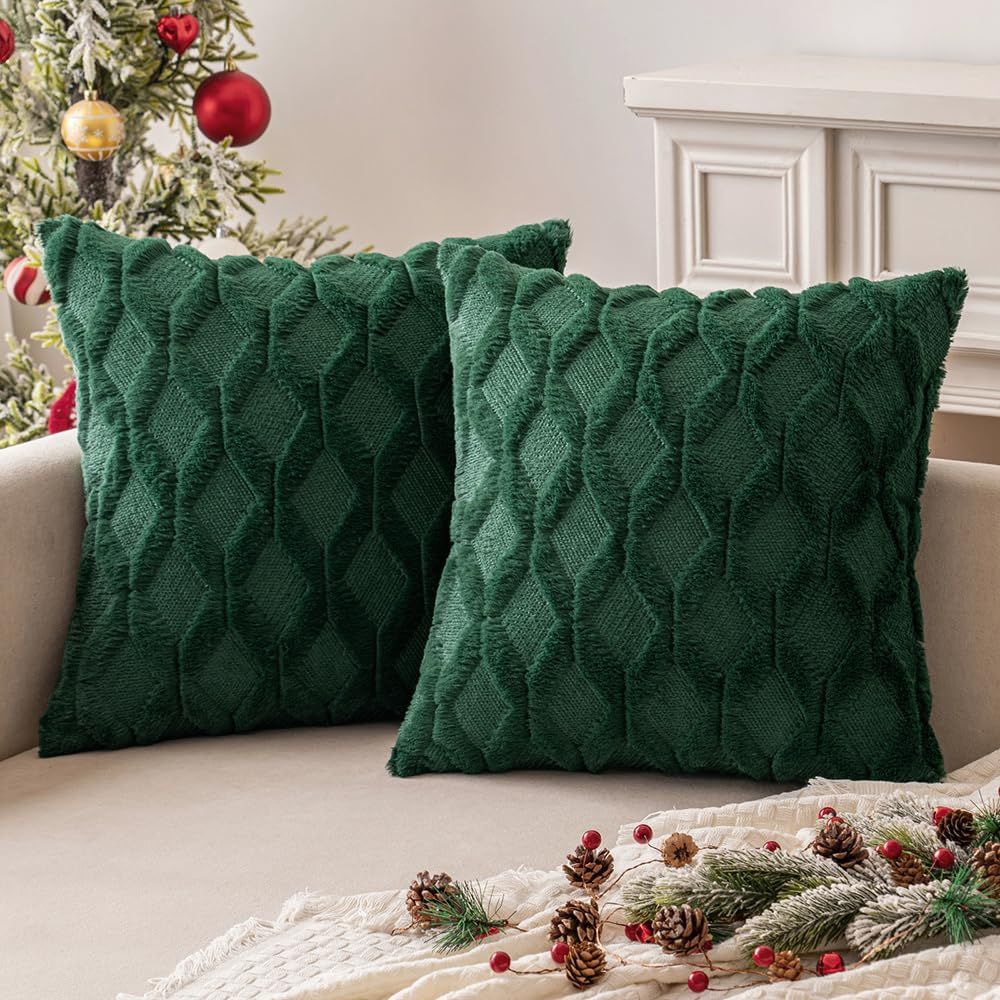 Dark Green Christmas Throw Pillow Covers 18x18 Set of 2 Decorative Farmhouse Couch Throw Pillows Boho Shells Cute Soft Plush 