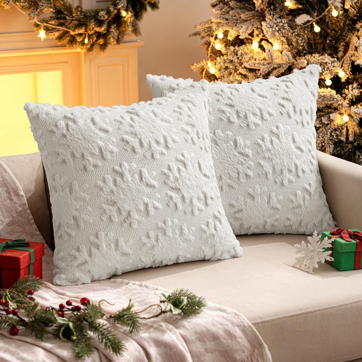Christmas Snowflake Decorative Throw Pillow Covers Set of 2,Soft Fluffy Faux Wool Winter Holiday Couch Pillows for Farmhouse 