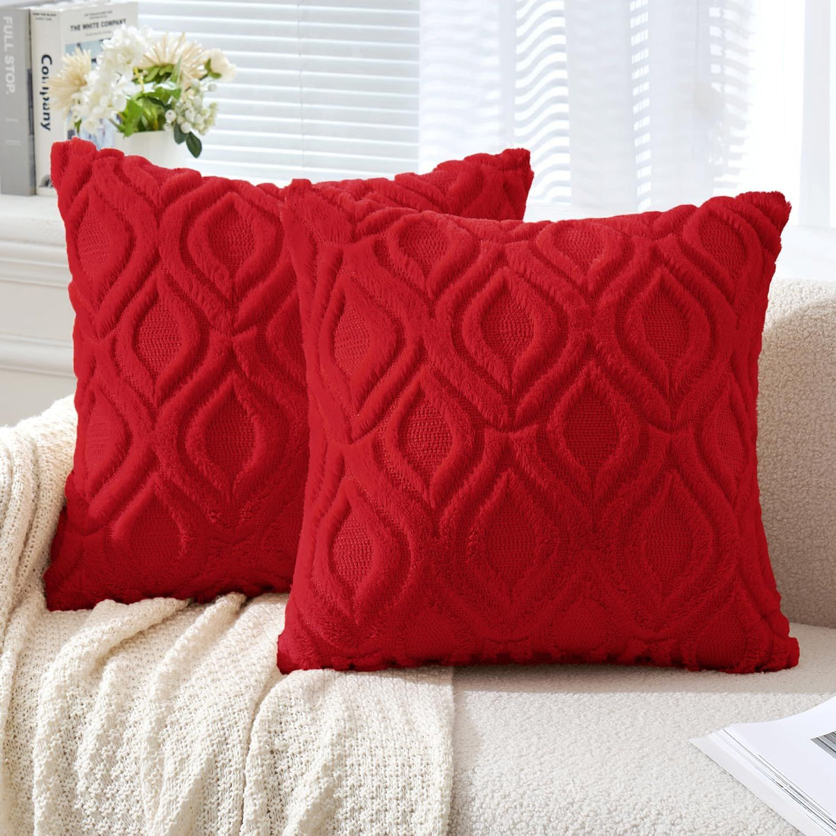 Christmas Red Throw Pillow Covers 18x18 Inch, Soft Winter Plush Faux Wool Couch Pillow Covers Set of 2 Decorative Farmhouse B