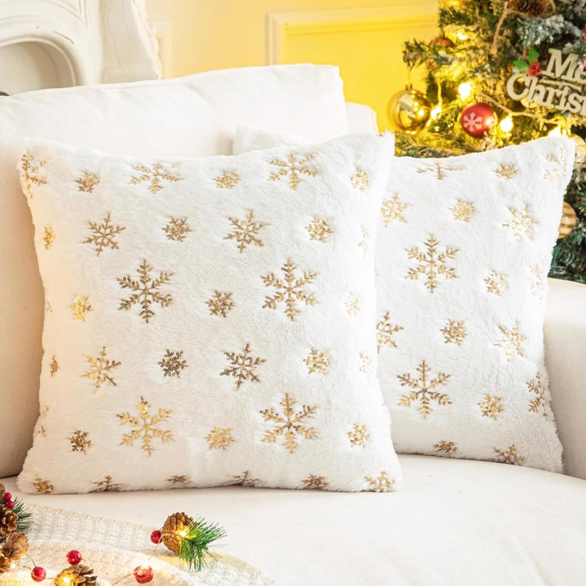 Faux Fur Fuzzy Decorative Throw Pillows Covers, Plush with Snowflake Sequins Glitter Throw Pillows for Christmas Decor Couch 