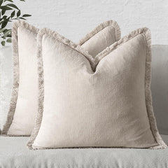 Christmas Decorative Throw Pillow Covers Neutral Linen Fringe Throw Pillows Set of 2 Natural Beige Boho Farmhouse Cushion Cov