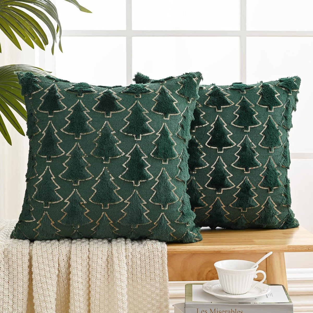 Dark Green Christmas Tree Decorative Throw Pillow Covers 18x18 Inch Set of 2, Soft Plush Faux Fur with Sparkling Sequin Desig