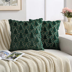 Dark Green Christmas Tree Decorative Throw Pillow Covers 18x18 Inch Set of 2, Soft Plush Faux Fur with Sparkling Sequin Desig