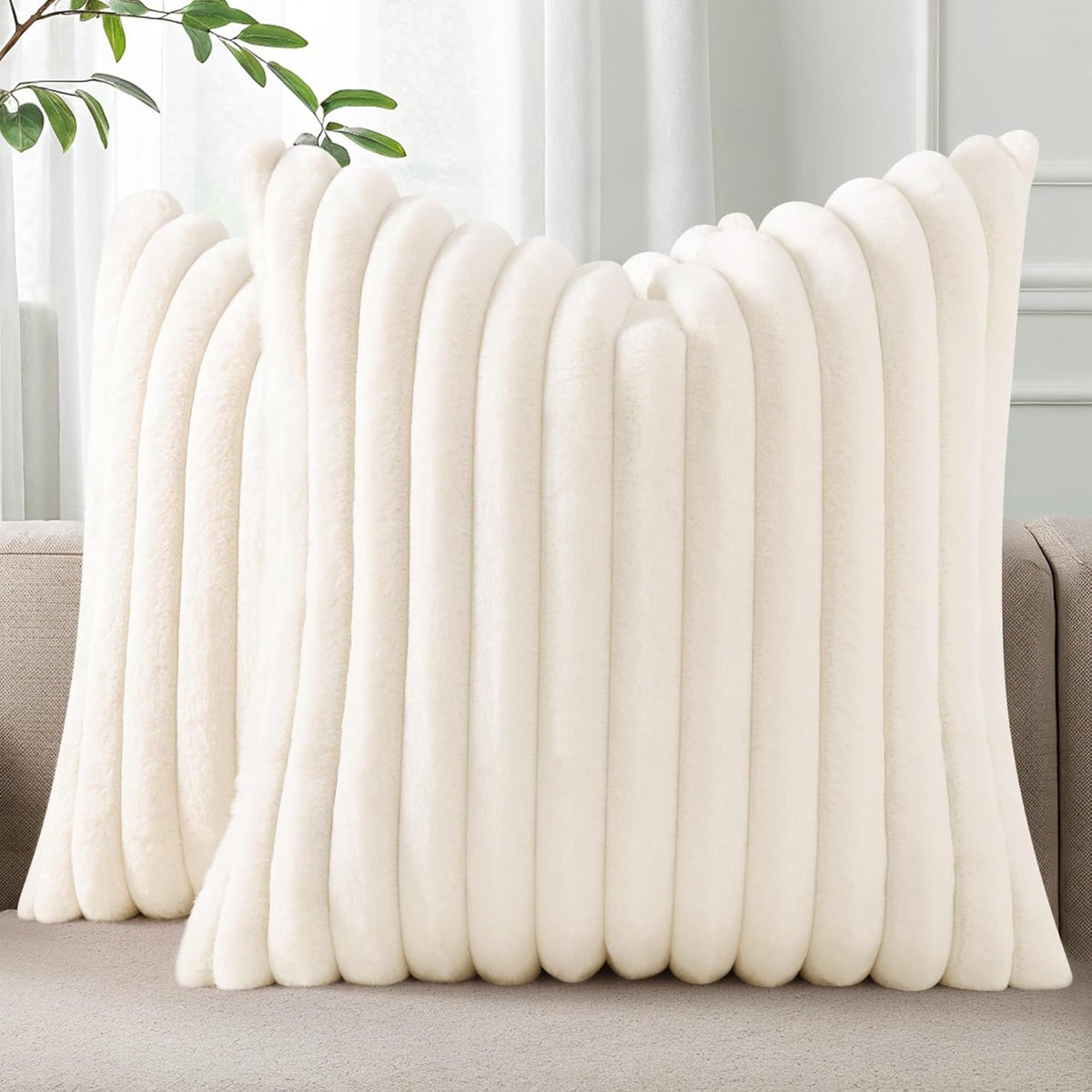 Faux Fur Plush Christmas Throw Pillow Covers 18x18 Set of 2, Luxury Soft Fluffy Striped Decorative Pillow Covers for Sofa, Co