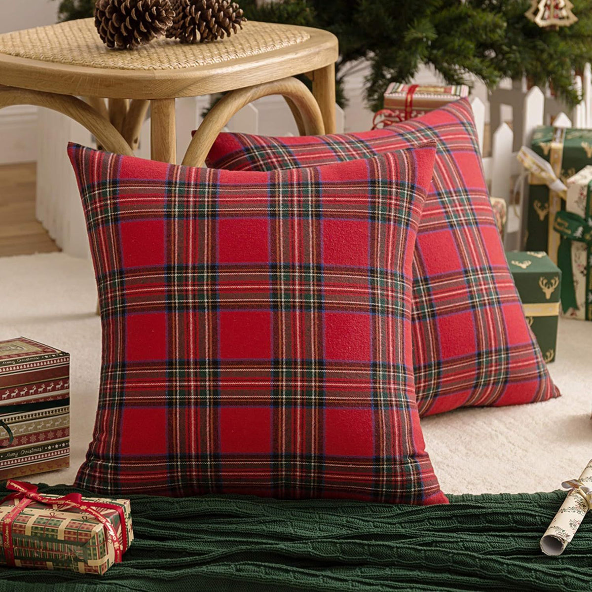 Pack of 2 Christmas Plaid Decorative Throw Pillow Covers Scottish Tartan Cushion Case for Farmhouse Home Holiday Decor Red an