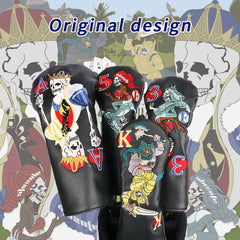 Golf Wood Club Cover Skull Poker Embroidery and Pu Leather Material Premium Golf Club Cover, Black (4 Pieces Set)