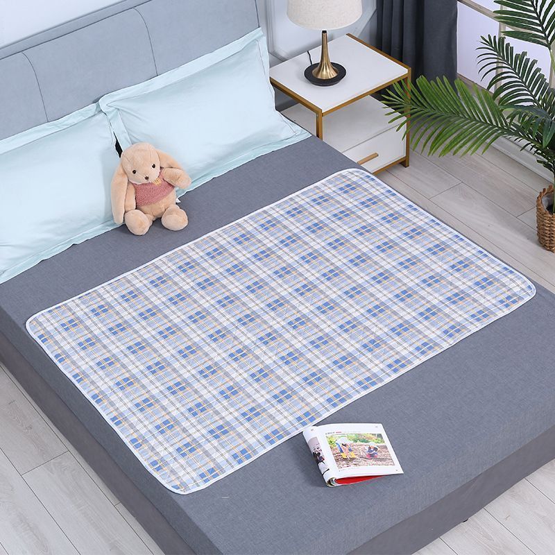Washable Incontinence Bed Pad 100x150cm, Lightweight 4-Layer Absorbent Pad, Anti-Slip Base, Soft Light Blue Plaid, Gentle Ski