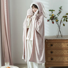 Hooded Blanket Wearable Polyester Plush Rabbit Ear Hooded Blanket Throw Soft Warm Blanket for Home Pink Large