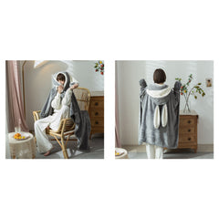 Hooded Blanket Wearable Polyester Plush Rabbit Ear Hooded Blanket Throw Soft Warm Blanket for Home Dark Gray Large