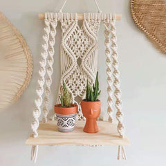 Boho Macrame Wall Hanging Shelf Macrame Wall Decor Woven Tassel Tapestry Wall Shelf Handmade Cotton Rope Plant Holder Tapestr