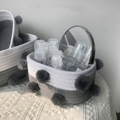 Cotton Rope Knitting With Fur Ball Storage Basket Snacks Keys Sundries Basket