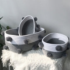 Cotton Rope Knitting With Fur Ball Storage Basket Snacks Keys Sundries Basket