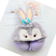 Hooded U Shaped Pillow Cute Cartoon Travel PP Cotton U Shaped Neck Pillow for Airplane Seat Purple Rabbit