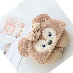 Hooded U Shaped Pillow Cute Cartoon Travel PP Cotton U Shaped Neck Pillow for Airplane Seat Khaki Bear