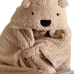 Winter Throw Blanket Cloak With Hood Thick Soft Plush Warm Wearable Blanket for Children and Adults Beige 120x123cm