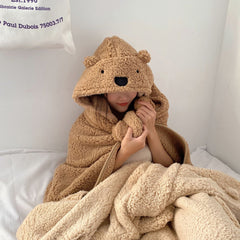 Winter Throw Blanket Cloak With Hood Thick Soft Plush Warm Wearable Blanket for Children and Adults Brown 120x123cm