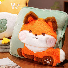 Travel Blanket and Pillow Set Multifunctional Plush Cute Animal Hand Warmer Blanket Pillow for Office Dorm Home Fox