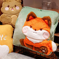 Travel Blanket and Pillow Set Multifunctional Plush Cute Animal Hand Warmer Blanket Pillow for Office Dorm Home Fox