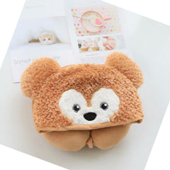 Hooded U Shaped Pillow Cute Cartoon Travel PP Cotton U Shaped Neck Pillow for Airplane Seat Yellow Bear
