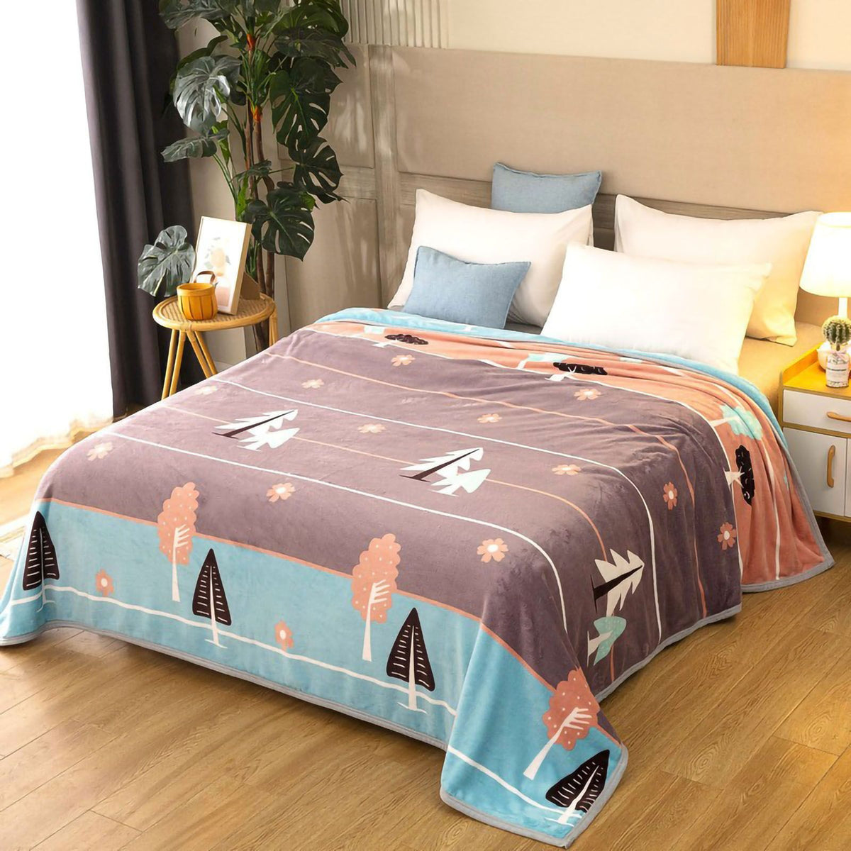 Throw Blanket Cartoon Pattern Thickened Air Conditioning Blanket for Home Bedroom Office Travel Leaves and Flowers 150x200cm 