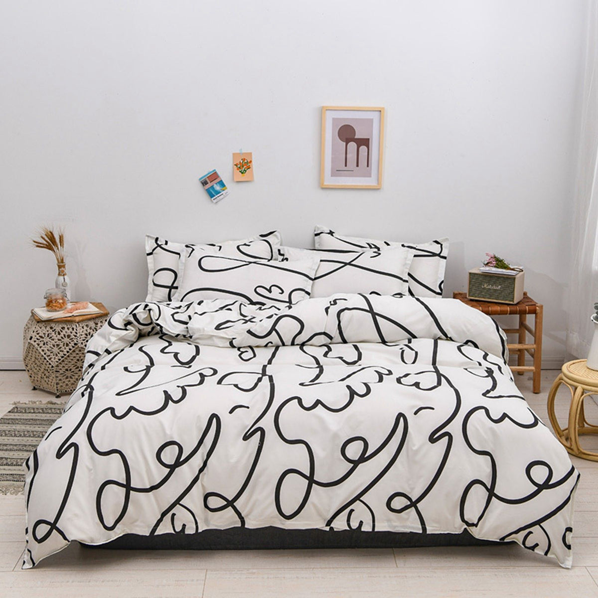 Home Bed Set 3pcs Thickened Brushed Simple Style Breathable Skin Friendly Cotton Bedding Comforter Sets Impressionism 1.2m (4