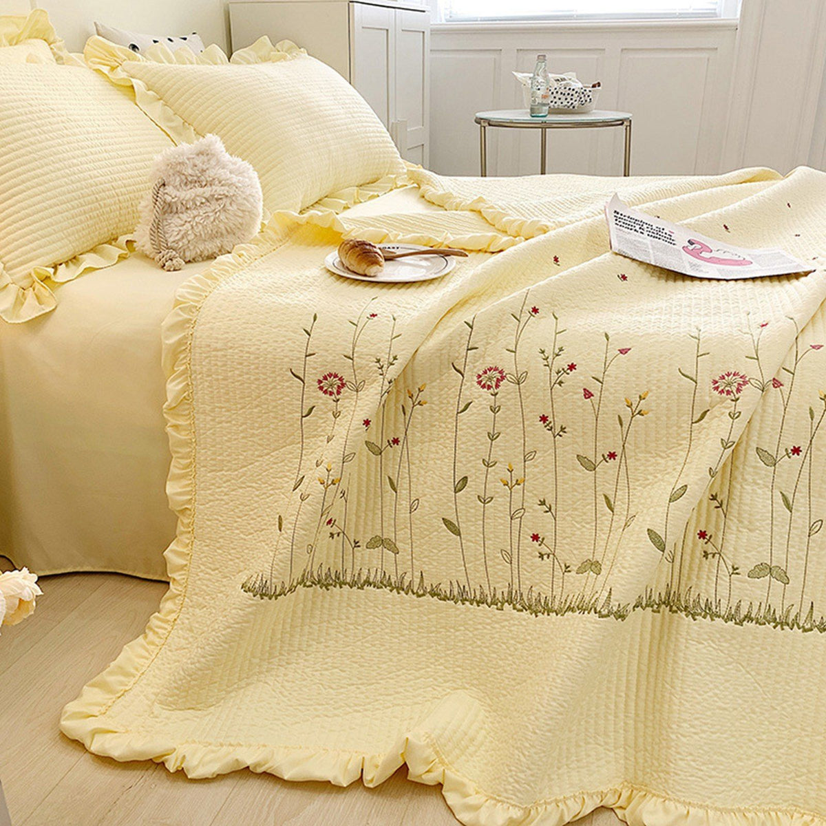 Cotton Quilt Pure Color Home Fashion Elegant Tencel Embroidery Pattern Cotton Summer Cooling Quilt Yellow 1 X Sheet 245x250cm