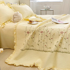 Cotton Quilt Pure Color Home Fashion Elegant Tencel Embroidery Pattern Cotton Summer Cooling Quilt Yellow 1 X Sheet 245x250cm