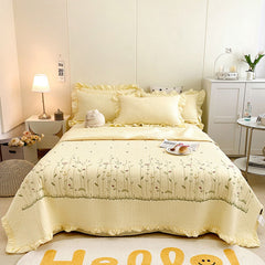 Cotton Quilt Pure Color Home Fashion Elegant Tencel Embroidery Pattern Cotton Summer Cooling Quilt Yellow 1 X Sheet 245x250cm