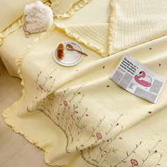 Cotton Quilt Pure Color Home Fashion Elegant Tencel Embroidery Pattern Cotton Summer Cooling Quilt Yellow 1 X Sheet 245x250cm