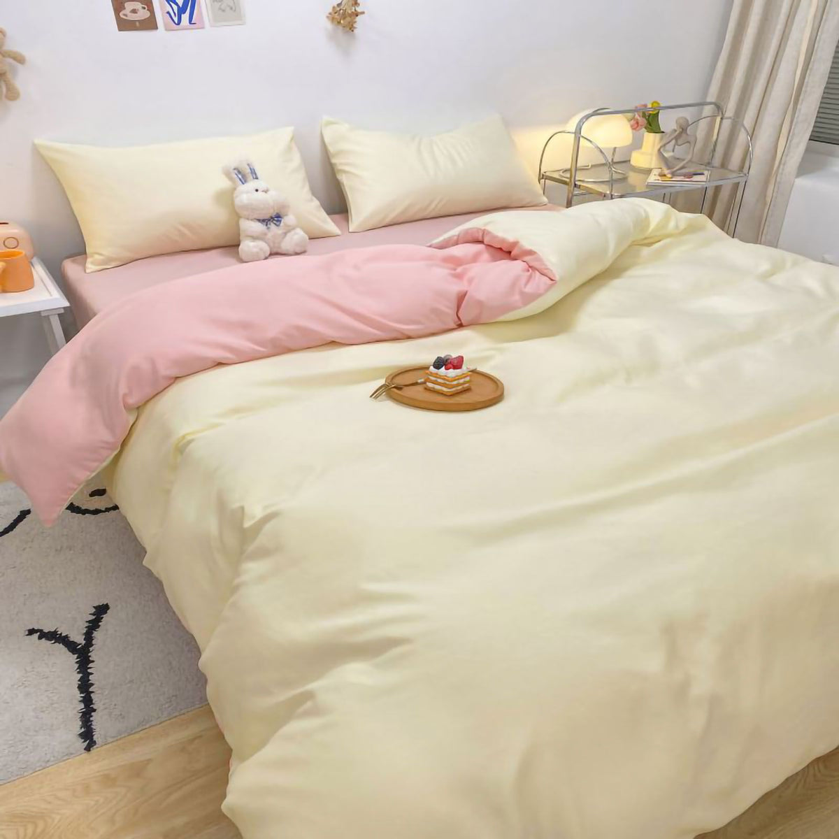 Solid Color Sheet Quilt Cover Pillow Cover Warm Breathable Washed Cotton Bed Sheet Set Creamy Pink 1.5m Four Piece Set