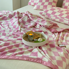 Simple Vintage Checkerboard Blanket Autumn Winter Warm Nap Throw Blanket Flannel Fleece Sofa Leisure Blanket Baby Pink 150x20