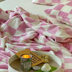 Simple Vintage Checkerboard Blanket Autumn Winter Warm Nap Throw Blanket Flannel Fleece Sofa Leisure Blanket Baby Pink 150x20