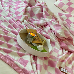 Simple Vintage Checkerboard Blanket Autumn Winter Warm Nap Throw Blanket Flannel Fleece Sofa Leisure Blanket Baby Pink 150x20