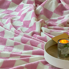 Simple Vintage Checkerboard Blanket Autumn Winter Warm Nap Throw Blanket Flannel Fleece Sofa Leisure Blanket Baby Pink 150x20