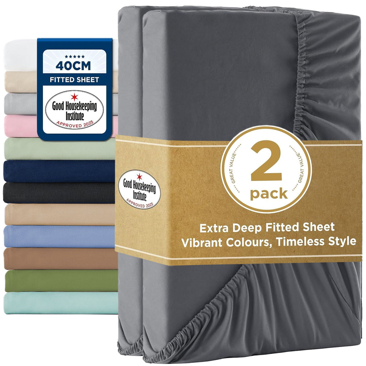 2000TC Hotel Quality Fitted Sheets - 2 Piece Fitted Sheets  -Breathable Bedding - Wrinkle, Fade, Stain Resistant- 16inch/40cm